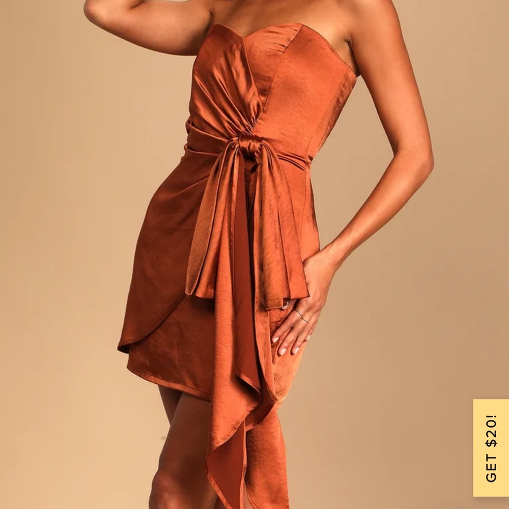 Lulus Out Past Midnight Rust Brown Satin Strapless Mini Dress size small